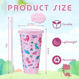 Chuangdi 12 Pcs Dinosaur Birthday Party Supplies for Girls Pink Dinosaur Cups for Kids 24oz Plastic Dino Cups Tumbler with Lid and Straw for Dino Birthday Party Favors