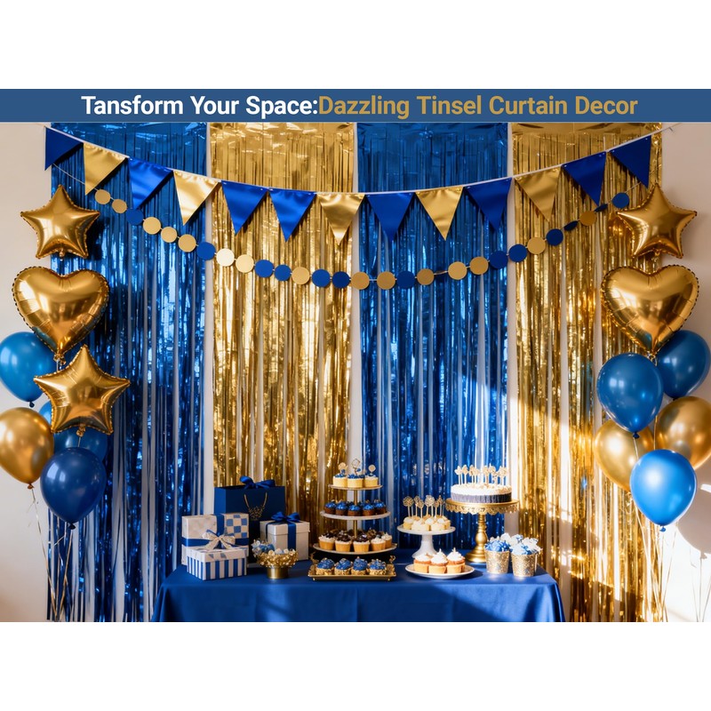 Parxara 4-Pack Blue Gold Foil Fringe Curtain,Party Decoration Streamer