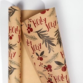 Holly Jolly Green Leaves Red Berries Kraft Brown Christmas Wrapping Paper - 1 Mini Roll 17 X 10 ft Per roll 14.1 sq.ft.ttl - Gift Wrap for Winter Solstice, Congrats, Holidays, Christmas, Weddings, Birthday, Parties, Nature Lover