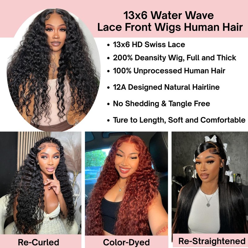 SEEBTWMS 24 Inch Water Wave Lace Front Wigs Human Hair