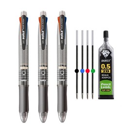 MROOFUL 5 in 1 Medium Tip 1.0 mm Multicoloured Ballpoint Pen 0.5 mm Mechanical Pencil 4 Colours Multifunctional Pen Multipack 3 Pieces Retractable Ballpoint Pens (Grey)