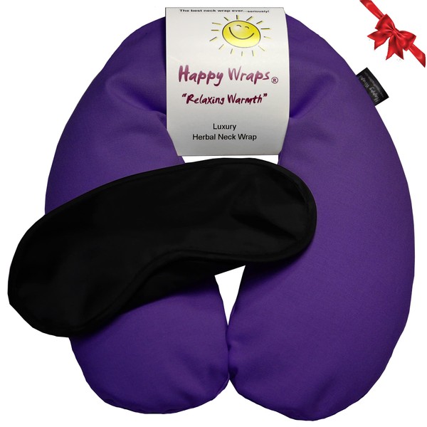 Happy Wraps Microwavable Herbal Neck Wrap - Hot Cold Aromatherapy Neck Warming Pillow - Heating Pad for Migraines, Stress, Gifts for Women, Birthdays, Christmas and Free Sleep Mask - Purple