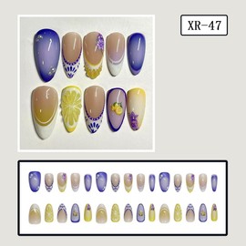Summer Press on Nails Medium Almond Fake Nails with 3D Summer Flowers Lemon and Pearl Rhinestones French Tip Full Cover Glue on Nail Acrylic Handmade False Nails Daily Wear Nail for Women 24Pcs