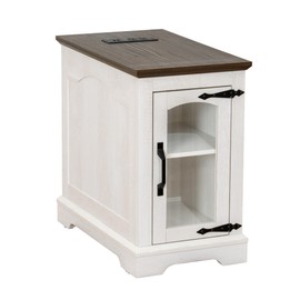 TRONLEE Narrow Side Table with Charging Station,13.8" W End Table with Storage for Sofa Couch or Bed Side with Outlets & USB Ports, Farmhouse Nightstand for Bedroom Livingroom (Glass,White & Walnut)