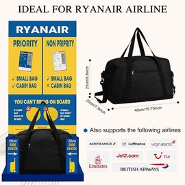Fjquamitix for Ryanair Cabin Bags 40x20x25 Underseat Small Duffel Bag,Foldable Hospital Weekend Overnight Bag for Women Men (Black)