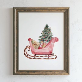 Christmas Sleigh Print Watercolor Santa's Sleigh Wall Art Pink Sleigh Christmas Decorations Vintage Holiday Decor Girl’s Room Holiday Decor (8x10 inch Print Unframed)