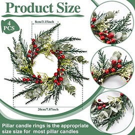 Anillos de Velas Navideñas de Frutos Rojos Artificiales Guirnalda de Agujas de Pino Nevadas Coronas de Anillos de Velas para Pilares Centro de Mesa Boda Rústico Decoración (6 Piezas)