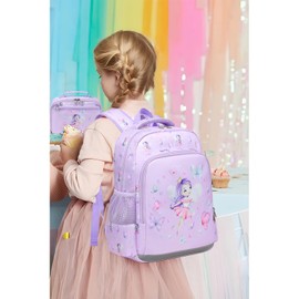 Octsky Toddler Backpack for School Girls 4-6 | Kindergarten Elementary Kids Backpack with Chest Strap and Lunchbox | Butterfly Elves Purple
