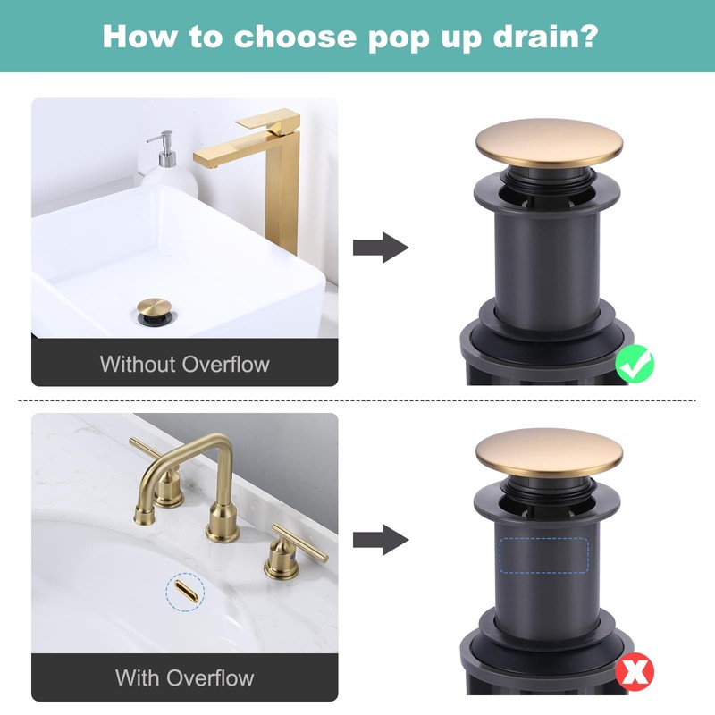 Bathroom Sink Drain Without Overflow, ARCORA Brushed Gold Pop Up