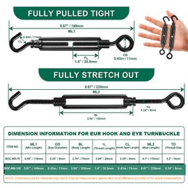 Premium Adjustable Black Turnbuckle Tensioner, 12PCS M6 Hook & Eye Turnbuckles for Cables Wire Tightening up Wire Rope for Shade Sail Fence Tent Picture Hanging Hardware Kit Installation