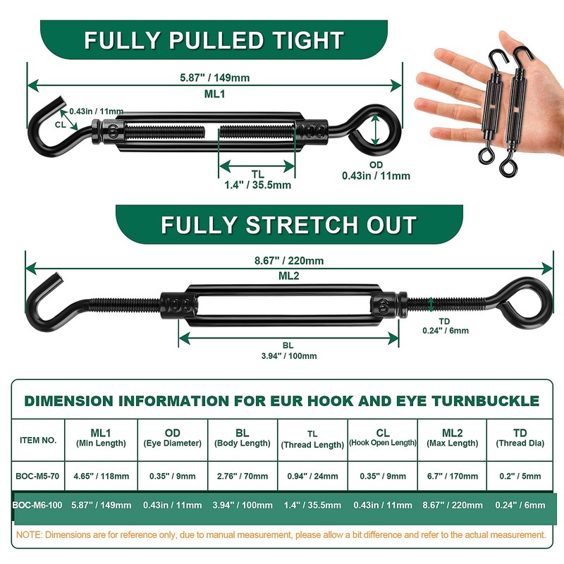 Premium Adjustable Black Turnbuckle Tensioner, 12PCS M6 Hook & Eye