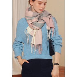 JFAN Women Tartan Scarf Winter Long Soft Scarves Warm Tassel Shawl Cashmere Wraps For Ladies Pink One Size