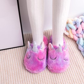 Kids Unicorn Slippers Cute Soft Fluffy Fuzzy Plush Slip on for Girls Indoor House Home Fur Slides Unicorn Gifts for Kids (11-12.5, Multicolor-purple, numeric_11)