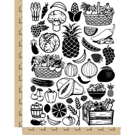 Fruits and Vegetables Temporary Tattoo Water Resistant Fake Body Art Set Collection - Black (One Sheet)