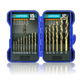 CORTOOL Cobalt Drill Bit Set, 15pcs Twist Jobber Length Drill Bit Kit for Hardened Metal, Cast Iron, Stainless Steel, Plastic and Wood, with Indexed Storage Case 1/16"-3/8", M35 HSS, 135 Degree Tip