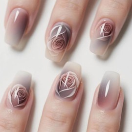 Rose Flower Press on Nails Short Square Fake Nails with Floral Gradient Designs 24 Pcs Natural Reusable Acrylic Nail Full Cover Stick on Nail for Women WYFHDT