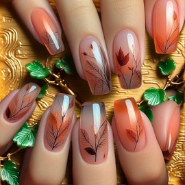 24Pcs Fall Press on Nails Gradient Brown Fake Nails Medium Coffin Glue on Nails Fall Leaves False Nail Tips French Tip Acrylic Press ons Autumn Artificial Stick on Nails for Women Girls DIY Nail Art