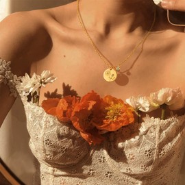 MEVECCO Gold Birth Flower Coin Necklace for Women Stamped Disc 12 Month January Carnation Pendent with Birthstone Garnet 18K Gold Plated 2MM Twist Rope Chain Birthday Jewelry for Her