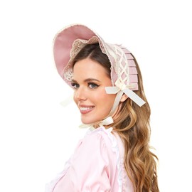 KUOIN Victorian Lace Bonnet Hat Colonial Headwear Carol Tea Party Costume Sun Cap for Women, Pink, One Size
