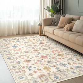 RELEANY 6x9 Area Rug Print Washable for Living Room Low Pile Non Slip Soft Thin Carpet Boho Vintage Floral Rug Stain Resistant for Bedroom Dining Room Kitchen Playroom Creamwhite