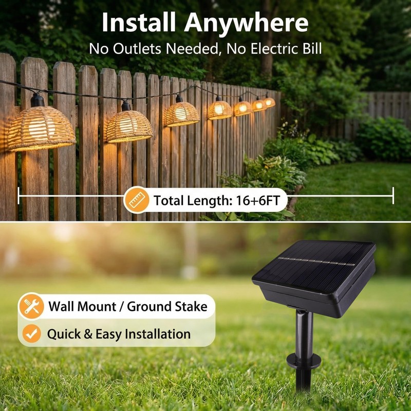 TWINKVILLA Solar Rattan String Lights Outdoor, 16FT 16 LED Half-Globe