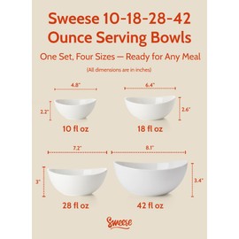 Sweese Porcelain Serving Bowls Set, 10-42 oz, Versatile for Salad, Soup, Snacks, Microwave Dishwasher Safe, White