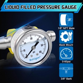 Boltigen Fuel Pressure Gauge, 3/8'' Barb Fuel Pressure Gauge Kit, 0-60psi Glycerin Filled Fuel Pressure Regulator with Gauge for Car, 1/8'' NPT Inline Fuel Pressure Guage with 1/4'' 3/8'' Converter