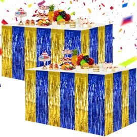 BEISHIDA 2 Pack Blue Gold Table Skirts Party Decorations Metallic Tinsel Foil Fringe Table Skirts Table Decors for Rectangle and Round Table Graduation Party Birthday Holiday Party Cartoon Party