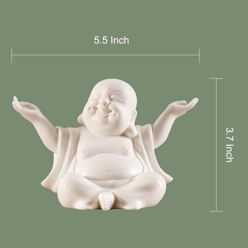 Houlu Small White Laughing Buddha Statue for Home Decor, Ceramic