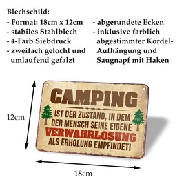 Funny Camping Saying - Funny Metal Sign with Cord and Suction Cup - Decorative Sign Gift Camping Caravan Caravan Caravan Accessories Indoor Motorhome Equipment - 18 x 12 cm