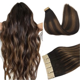 DOORES Human Hair Extensions Tape in Long, 28 Inch 60g 20pcs Chocolate Brown to Caramel Blonde, Long Tape in Hair Extensions Real Human Remy Straight Natural Skin Weft