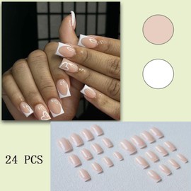 White French Tip Heart Shaped Press-On Nails Medium Square False Nails Cute Heart Shaped Shiny Nude Full Cover Nails Women Girls Nail Art Decoration 24pcs