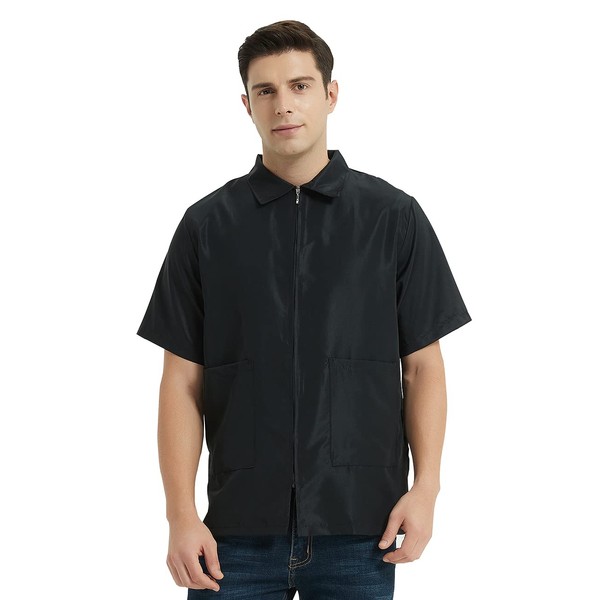 TopTie Nylon Barber Jacket Short Sleeve Machine Washable Men's Coat Black Work Shirt, black