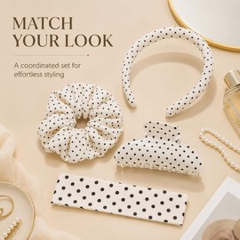 4 Pcs Black and White Polka Dot Hair Accessory Includes Wide Headbands White Polka Dot Head Bands Hair Claw Clips Stylish Hair Tie for Everyday Wear By Women Girls