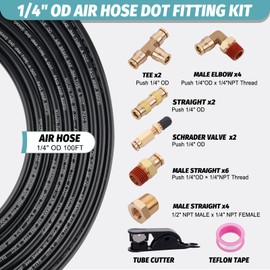 Boeray 100FT 1/4 Air Hose Brass Fittings Kit 22pcs 1/4" OD Quick Push to Connect DOT Brass Fittings 1/4 SAE J844 PA12 Nylon Air Line Tubing with Cutter for Air Suspension Kit Trailer Brake System