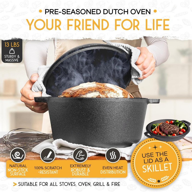 Crovora Pre-Seasoned Cast Iron Dutch Oven for Bread Baking with