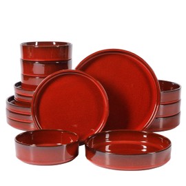 Bloomhouse Santorini Mist Double Bowl Terracotta Reactive Glaze Plates and Bowls Dinnerware Set - Garnet Red, Service for Four (16pcs)