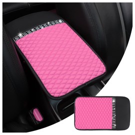 Figpade Bling Center Console Cover with Colorful Crystal Rhinestones,Anti-Scratch PU Leather Arm Rest Cover for Car,Waterproof Middle Console Cover of Car Decor for Most Vehicles (Black/Pink)