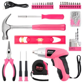 WRENZO Drill Set, Cordless Drill, Small Tool Kit, 112pc 3.6V USB Tool Set, Tool Kit for Dorm, Cordless & Rechargeable, Pink Home Toolbox for Women, DIY Toolbox