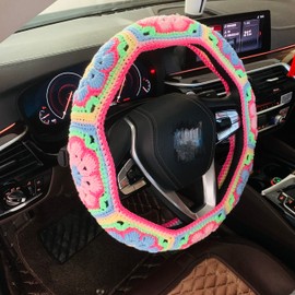 onEternal - Funda de volante de ganchillo hecha a mano para mujeres y niñas, bonita funda de cinturón de seguridad de flores coloridas para el interior del coche (funda para volante)