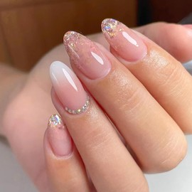 24Pcs Almond Press on Nails Medium Length Pink Fake Nails with Gradient Designs Rhinestones Glue on Nails Glitter Acrylic Nails Full Cover French False Nails Diamond Stick on Nails for Women