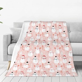 Throw Blanket Christmas Snowman Pink Color Xmas Couch Blankets Plush Flannel Cover Lightweight Soft for Living Room Bed Sofa Travel Office Camping 50 x 60 Inch