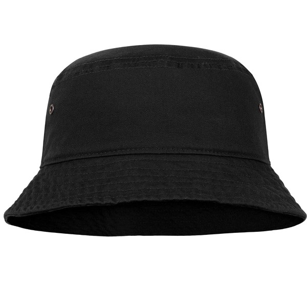 Men Women Unisex Cotton Bucket Hat 100% Cotton Packable for Travel Fishing Hunting Summer Camp (L/XL, Black)