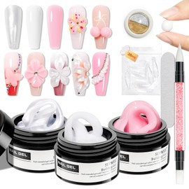 SUPWEE 3D Gel Nail Art for Nails, Solid Builder Gel Nail Extension Set with Chrome Nail Powder White Pearl White Pink Non-Stick Sculpture Nail Art for DIY 3D Nail Design Home Use
