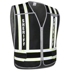 UNINOVA Sheriff Vest Reflective for Men, Class 2 Heavy Duty Safety Vests Lime Green, 5 Point Breakaway High Visibility Sheriff Safety Vest with Pockets and Zipper,Black,Medium-Large