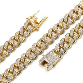 Richhut Gold Chain for Men Guys ?Big Dog? 14MM Wide Cuban Link Chain Gold Tone Iced Out 18k Real Gold Plated Necklace Handset Diamonds 35" Gift for Boyfriend Husband