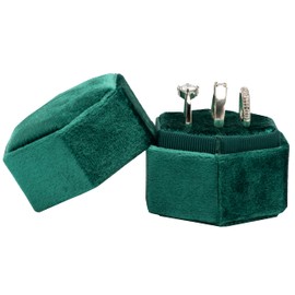 Giftop Equal Hexagon Velvet Ring Box Storage 3 Slots for Wedding Ceremony Proposal Engagement Birthday (Green)