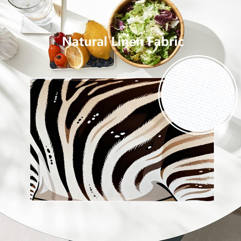 Batmerry Zebra Animal Black Linen Placemats Set of 8, Black