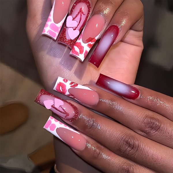 LWTZLW Summer French Tip Press on Nails Long Coffin False