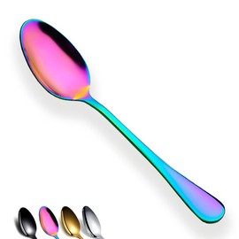 Rainbow Dinner Spoon of 4, Berglander 7.5" Stainless Steel Titanium Plating Shiny Mutil-Color Soup Spoons Silverware, Colorful Soup Spoon Table Spoons Set Sturdy Easy To Clean, Dishwasher Safe